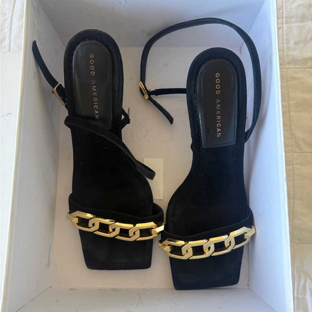 ✨ Good American Black Suede Chain Heels | Size 9.5 | Statement Sandals ✨